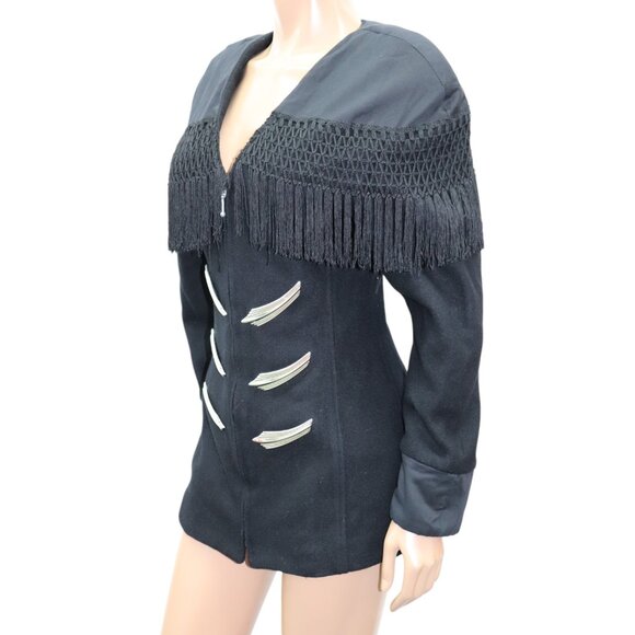 SANTANA Vintage Statement Black Fringed Zip Front Military Jacket S-M - Picture 3 of 7